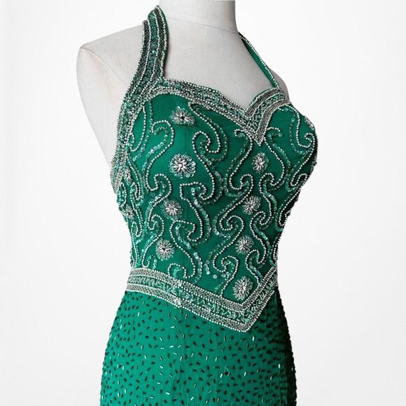 Vintage Green Beaded Halter Neck Bodycon Maxi Prom Dress Size XS/S - Picture 5 of 7